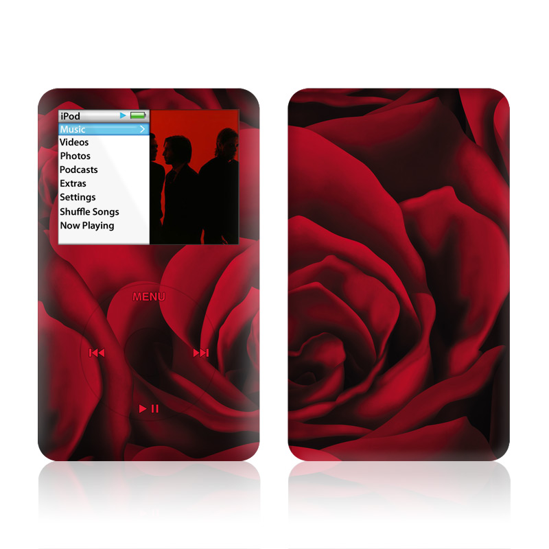 iPod classic Skin design of Red, Garden roses, Rose, Petal, Flower, Nature, Floribunda, Rose family, Close-up, Plant, with black, red colors