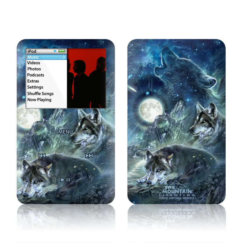 iPod classic Skin design of Cg artwork, Fictional character, Darkness, Werewolf, Illustration, Wolf, Mythical creature, Graphic design, Dragon, Mythology, with black, blue, gray, white colors