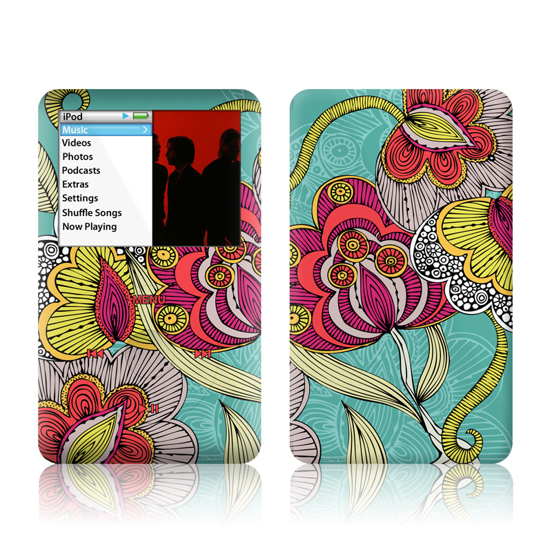 iPod classic Skin design of Pattern, Visual arts, Motif, Floral design, Design, Art, Plant, Flower, Organism, Textile, with red, yellow, blue, gray, pink colors