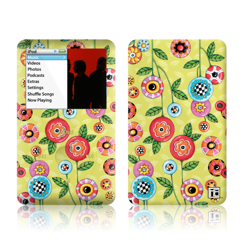 iPod classic Skin design of Wrapping paper, Pattern, Textile, Design, Visual arts, Wildflower, Art, Plant, Child art, Flower, with green, blue, red, yellow, orange, pink colors