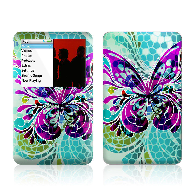 iPod classic Skin design of Butterfly, Pattern, Insect, Moths and butterflies, Purple, Graphic design, Design, Pollinator, Visual arts, Magenta, with blue, green, purple colors