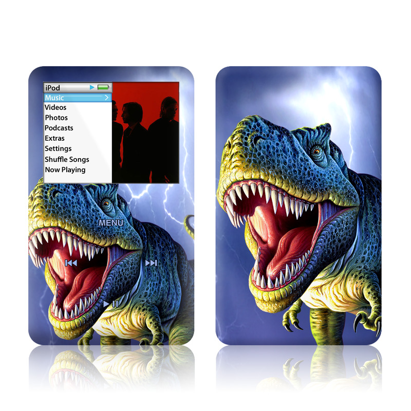 iPod classic Skin design of Dinosaur, Extinction, Tyrannosaurus, Velociraptor, Tooth, Jaw, Organism, Mouth, Fictional character, Art, with blue, green, yellow, orange, red colors