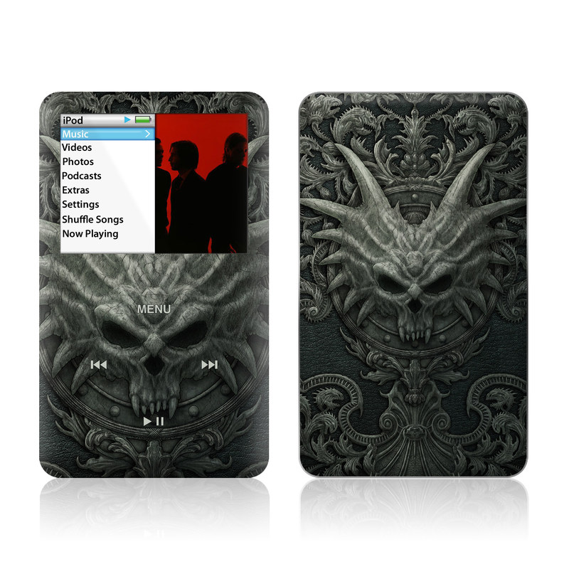 iPod classic Skin design of Demon, Dragon, Fictional character, Illustration, Supernatural creature, Drawing, Symmetry, Art, Mythology, Mythical creature, with black, gray colors