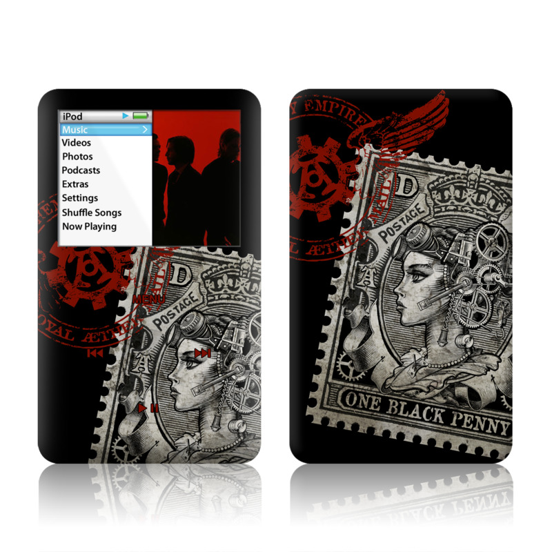 iPod classic Skin design of Font, Postage stamp, Illustration, Drawing, Art, with black, gray, red colors