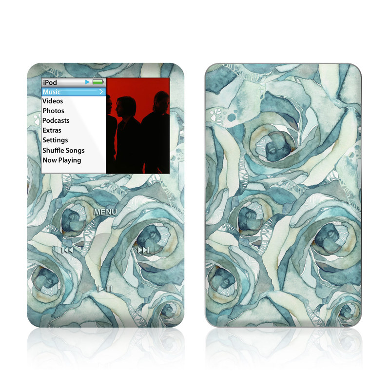 iPod classic Skin design of Rose, Garden roses, Blue, Flower, Rose family, Watercolor paint, Plant, Pattern, Rosa × centifolia, Blue rose, with blue, green colors
