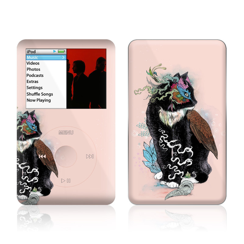 iPod classic Skin design of Illustration, Owl, Art, Graphic design, Cat, Tail, with pink, black, brown, red, green colors