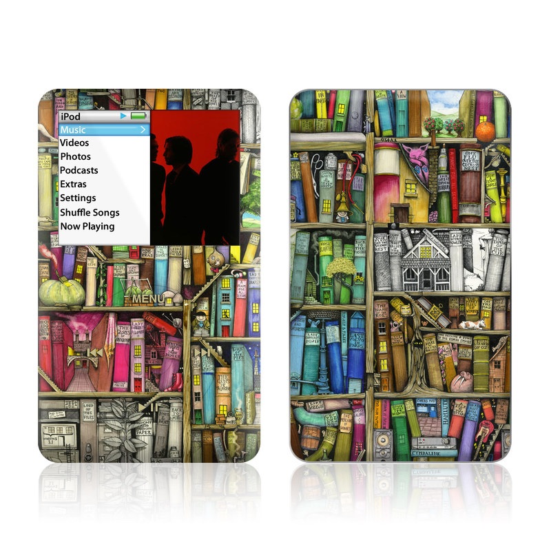 iPod classic Skin design of Collection, Art, Visual arts, Bookselling, Shelving, Painting, Building, Shelf, Publication, Modern art, with brown, green, blue, red, pink colors