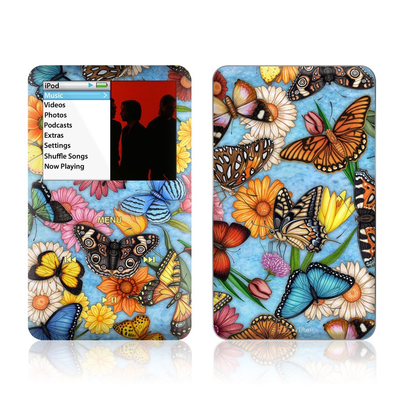 iPod classic Skin design of Cynthia (subgenus), Butterfly, Monarch butterfly, Moths and butterflies, Brush-footed butterfly, Pollinator, Insect, Pattern, Design, Organism, with blue, pink, orange, yellow, red colors