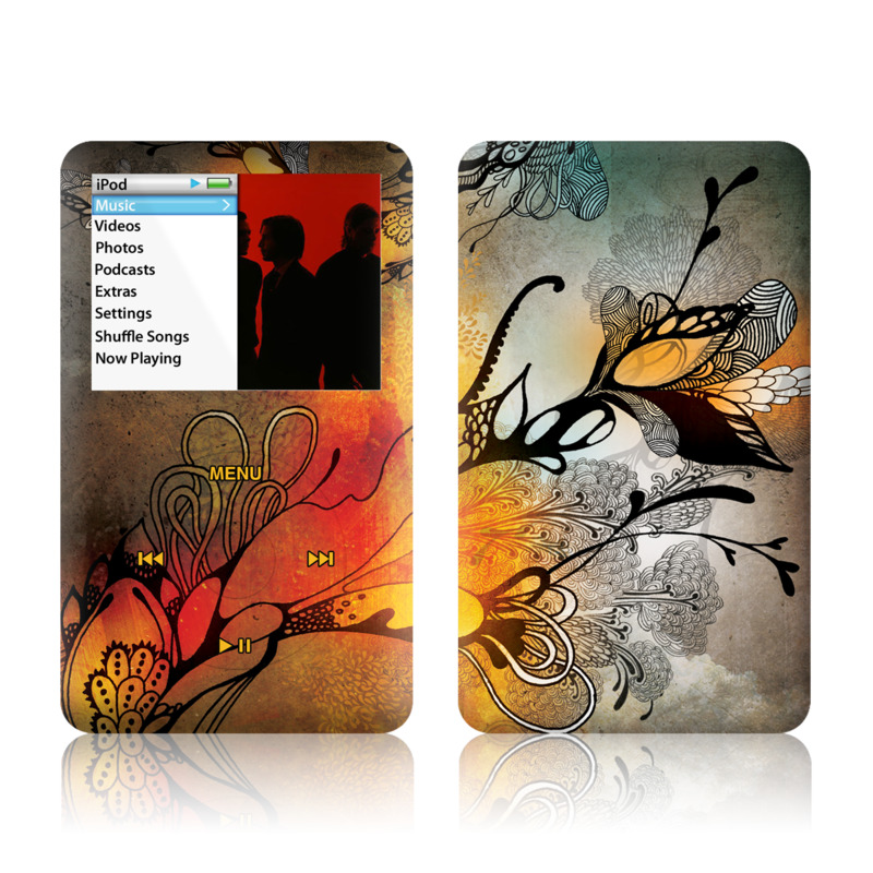 iPod classic Skin design of Yellow, Orange, Art, Branch, Leaf, Graphic design, Visual arts, Pattern, Design, Modern art, with black, red, orange, yellow colors