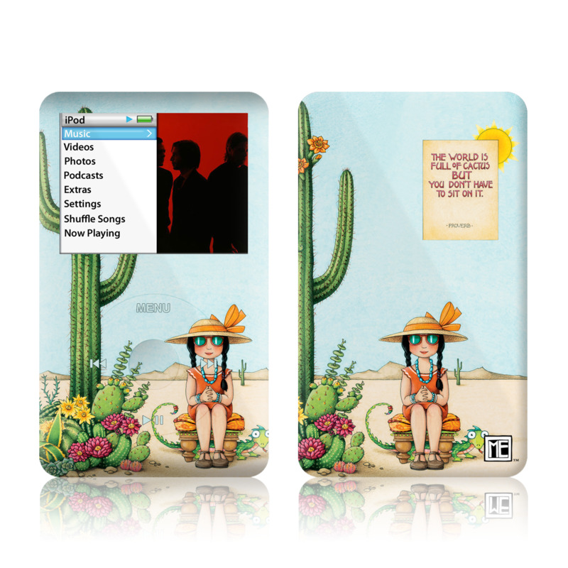 iPod classic Skin design of Cartoon, Cactus, Illustration, Animated cartoon, Plant, Vegetable, Fictional character, Art, with green, yellow, pink, orange, brown colors