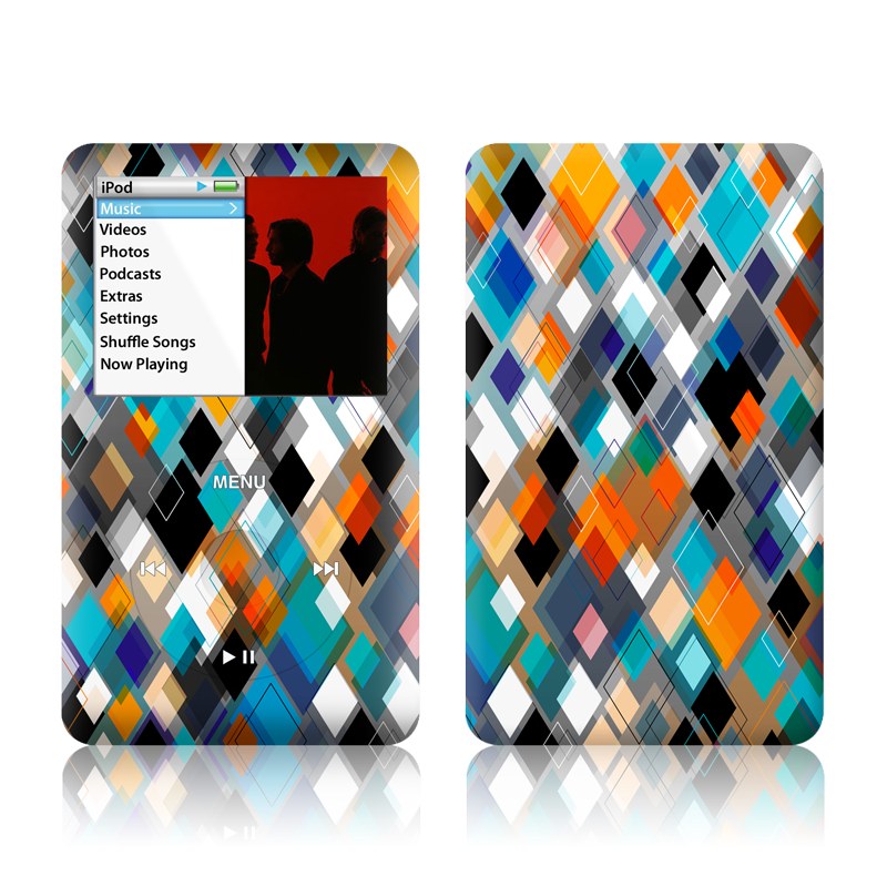 iPod classic Skin design of Pattern, Line, Design, Colorfulness, Plaid, Tints and shades, Textile, Symmetry, Square, with black, blue, red, orange, white colors