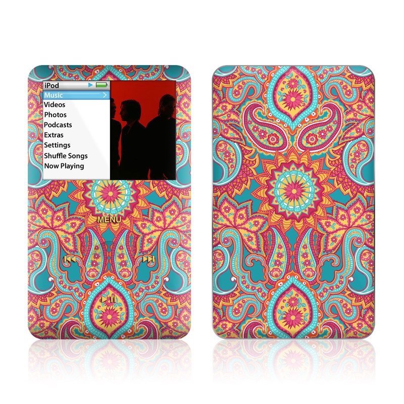iPod classic Skin design of Pattern, Paisley, Motif, Visual arts, Design, Art, Textile, Psychedelic art, with orange, yellow, blue, red colors