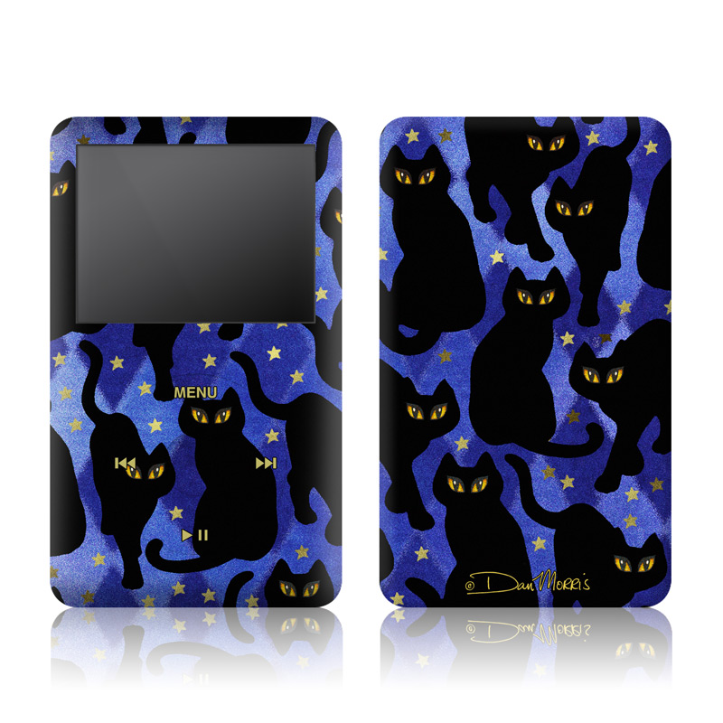 iPod classic Skin design of Black cat, Black, Cat, Small to medium-sized cats, Pattern, Felidae, Design, Electric blue, Illustration, Art with black, blue, purple, yellow colors