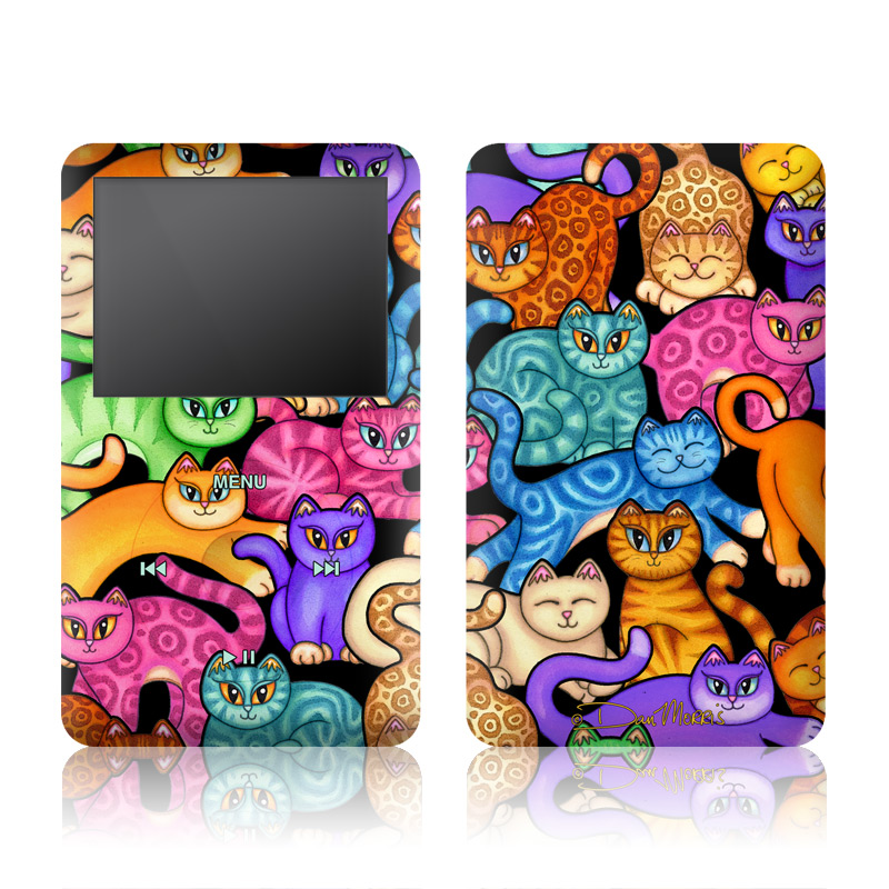 iPod classic Skin design of Cat, Cartoon, Felidae, Organism, Small to medium-sized cats, Illustration, Animated cartoon, Wildlife, Kitten, Art, with black, blue, red, purple, green, brown colors