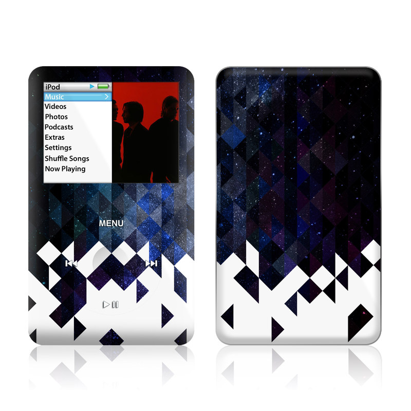 iPod classic Skin design of Text, Pattern, Graphic design, Font, Purple, Design, Line, Triangle, Logo, Graphics, with black, blue, white colors