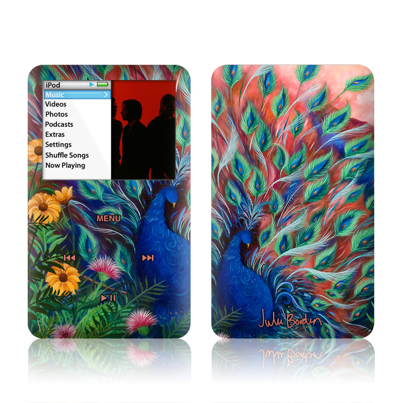 iPod classic Skin design of Painting, Acrylic paint, Bird, Child art, Art, Galliformes, Peafowl, Visual arts, Watercolor paint, Plant, with black, red, gray, blue, green colors