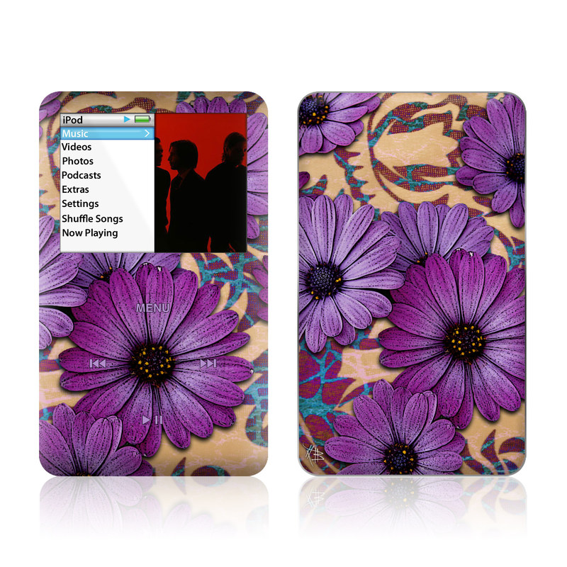 iPod classic Skin design of Purple, Flower, Violet, Petal, Plant, african daisy, Floral design, Wildflower, Pattern, Textile, with purple, black, gray, blue, green, red colors