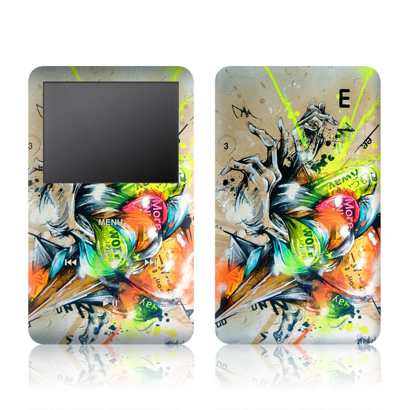 iPod classic Skin design of Graphic design, Art, Illustration, Fictional character, Visual arts, Graphics, Painting, Watercolor paint, Modern art, Games, with gray, black, green, red, orange, pink colors