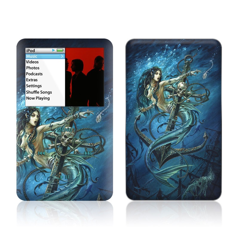 iPod classic Skin design of Mermaid, Cg artwork, Illustration, Fictional character, Art, Mythology, Mythical creature, Graphic design, with blue, green, white, black colors