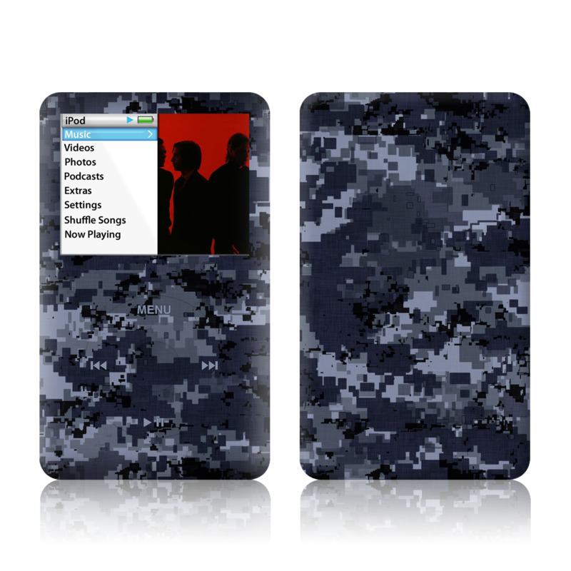 iPod classic Skin design of Military camouflage, Black, Pattern, Blue, Camouflage, Design, Uniform, Textile, Black-and-white, Space, with black, gray, blue colors