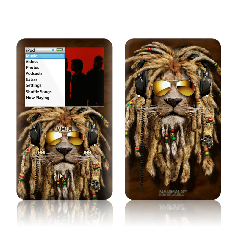 iPod classic Skin design of Hair, Fur, Dreadlocks, Snout, Organism, Glasses, Whiskers, Mask, Wildlife, Fictional character, with black, green, red, gray colors