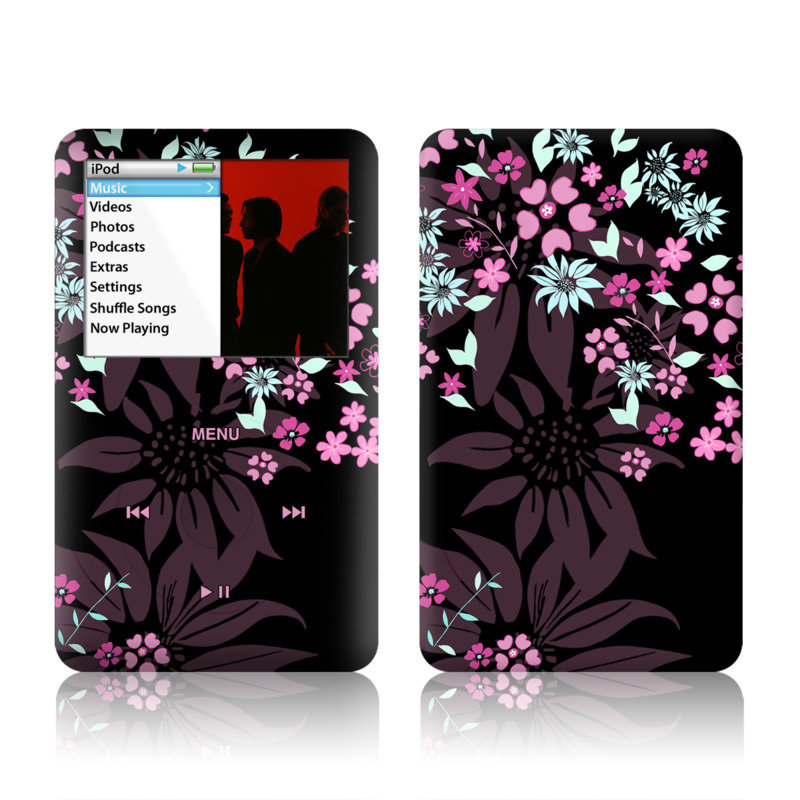 iPod classic Skin design of Pink, Pattern, Flower, Plant, Botany, Petal, Floral design, Design, Pedicel, Graphic design, with black, gray, purple, green, red, pink colors