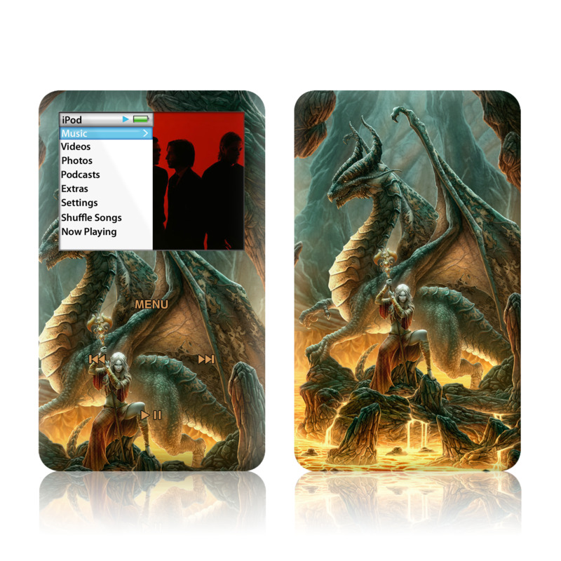 iPod classic Skin design of Dragon, Cg artwork, Mythology, Fictional character, Mythical creature, Art, Illustration, Cryptid, Sculpture, Demon, with black, green, red, gray, blue colors