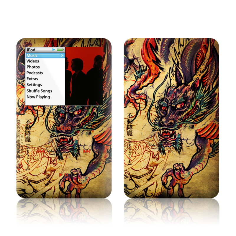 iPod classic Skin design of Illustration, Fictional character, Art, Demon, Drawing, Visual arts, Dragon, Supernatural creature, Mythical creature, Mythology, with black, green, red, gray, pink, orange colors