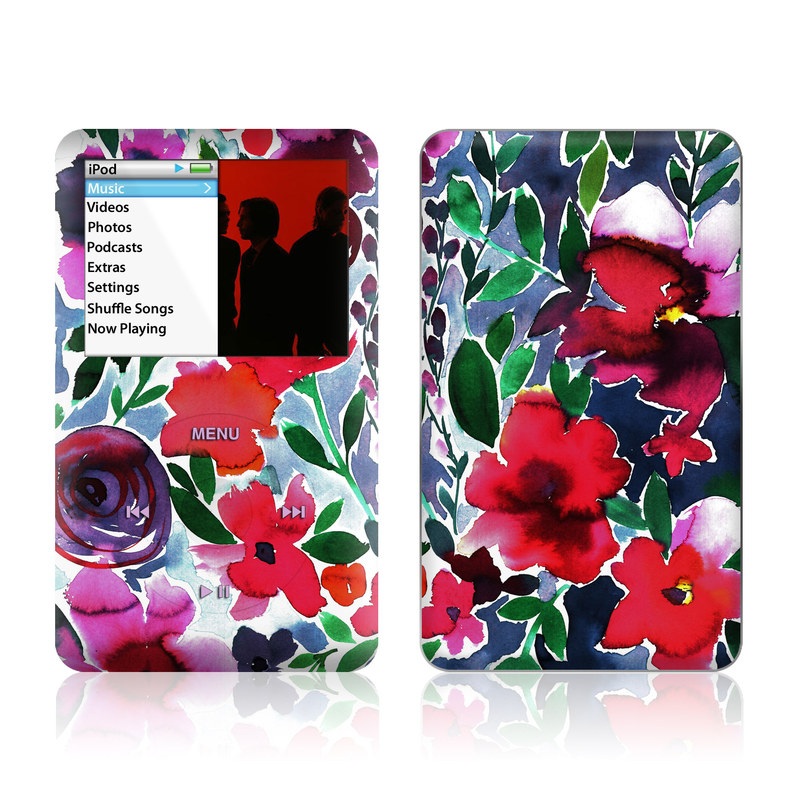iPod classic Skin design of Flower, Petal, Red, Plant, Pattern, Pink, Purple, Flowering plant, Botany, Design, with red, green, pink, blue colors