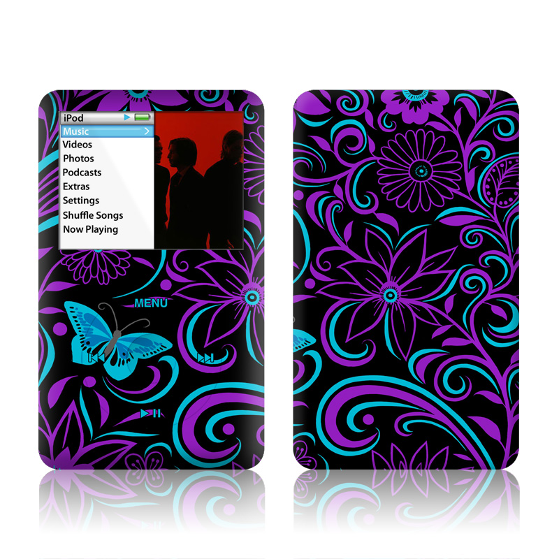 iPod classic Skin design of Pattern, Purple, Violet, Turquoise, Teal, Design, Floral design, Visual arts, Magenta, Motif, with black, purple, blue colors