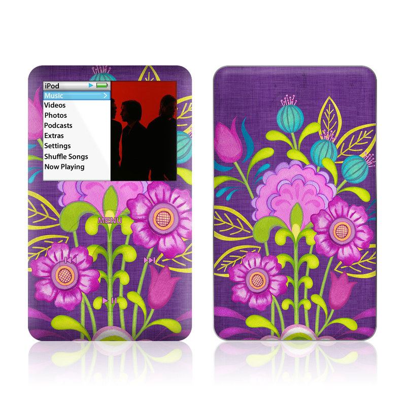 iPod classic Skin design of Flower, Pattern, Plant, Violet, Botany, Visual arts, Design, Floral design, Art, Magenta, with blue, purple, green, gray, red colors