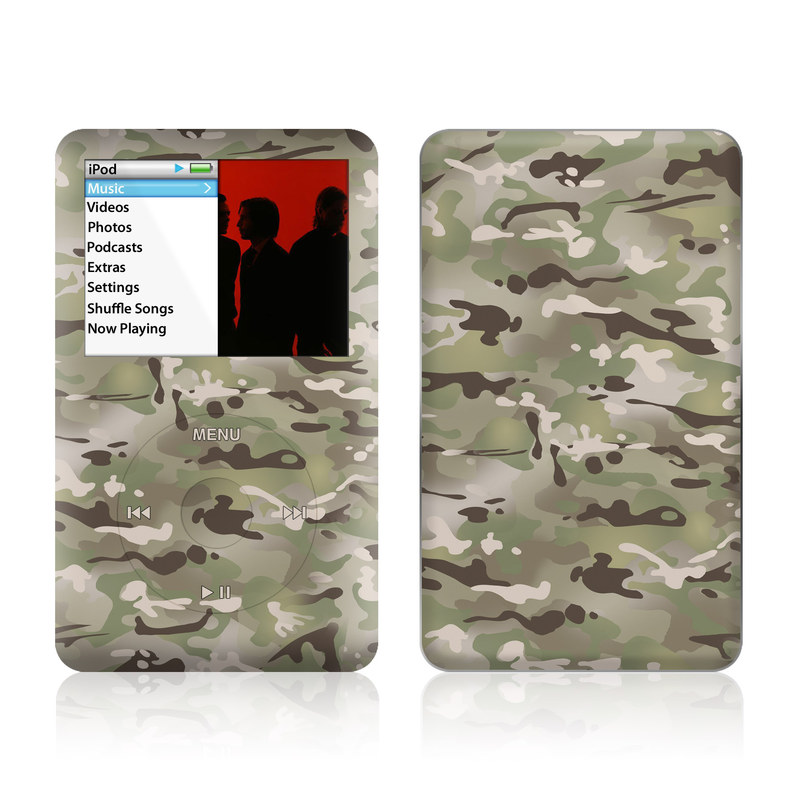 iPod classic Skin design of Military camouflage, Camouflage, Pattern, Clothing, Uniform, Design, Military uniform, Bed sheet, with gray, green, black, red colors