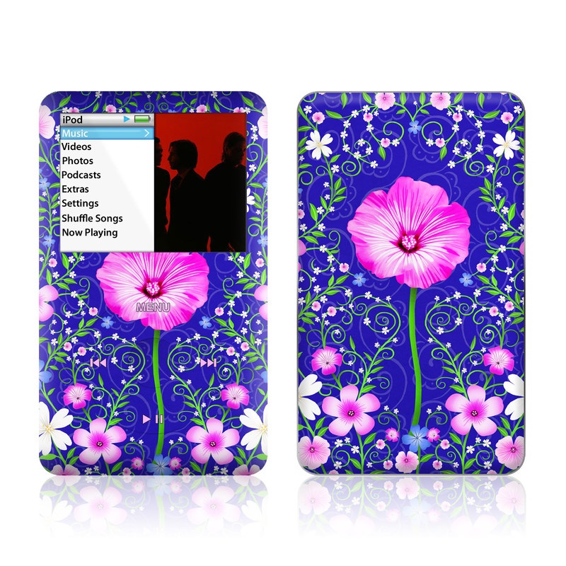 iPod classic Skin design of Purple, Violet, Flower, Plant, Wildflower, Pattern, Petal, Design, Graphics, Morning glory, with blue, purple, pink, green, white, yellow colors