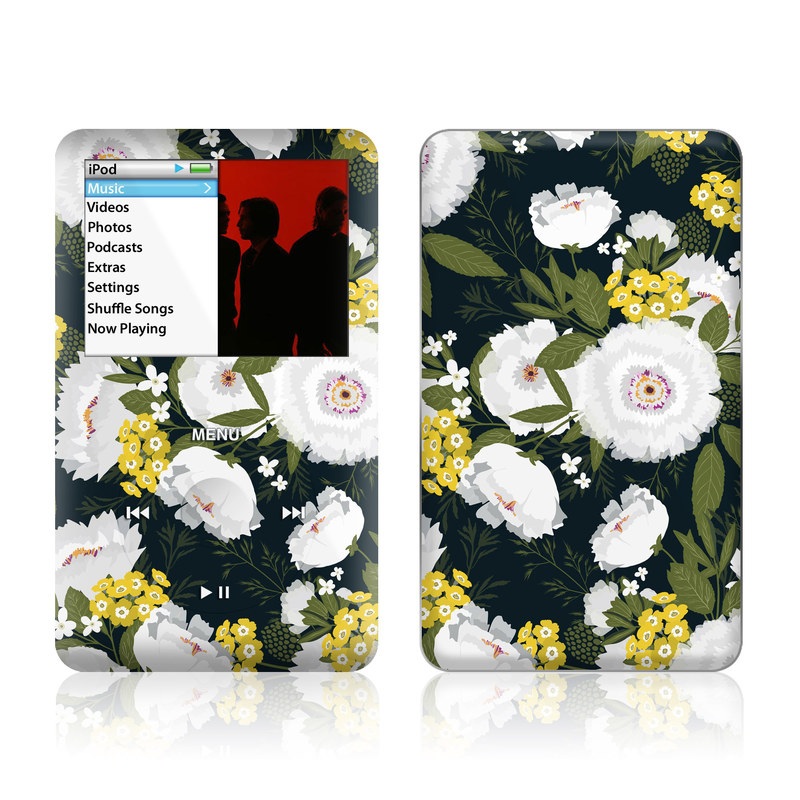 iPod classic Skin design of Flower, Flowering plant, Plant, Petal, Daisy, mayweed, Wildflower, Floral design, Annual plant, with green, yellow, white, orange colors