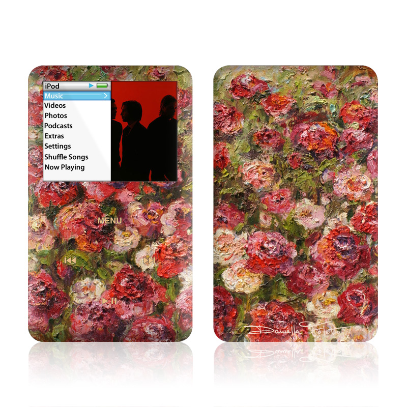 iPod classic Skin design of Flower, Garden roses, Rose, Plant, Floribunda, Flowering plant, Rosa × centifolia, Rose family, Botany, Petal, with red, black, green, gray colors