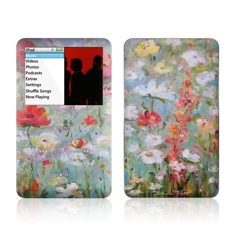 iPod classic Skin design of Flower, Painting, Watercolor paint, Plant, Modern art, Wildflower, Botany, Meadow, Acrylic paint, Flowering plant, with gray, black, green, red, blue colors