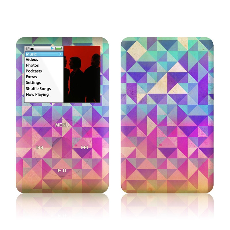 iPod classic Skin design of Pattern, Purple, Triangle, Violet, Magenta, Line, Design, Symmetry, Psychedelic art, with gray, purple, green, blue, pink colors