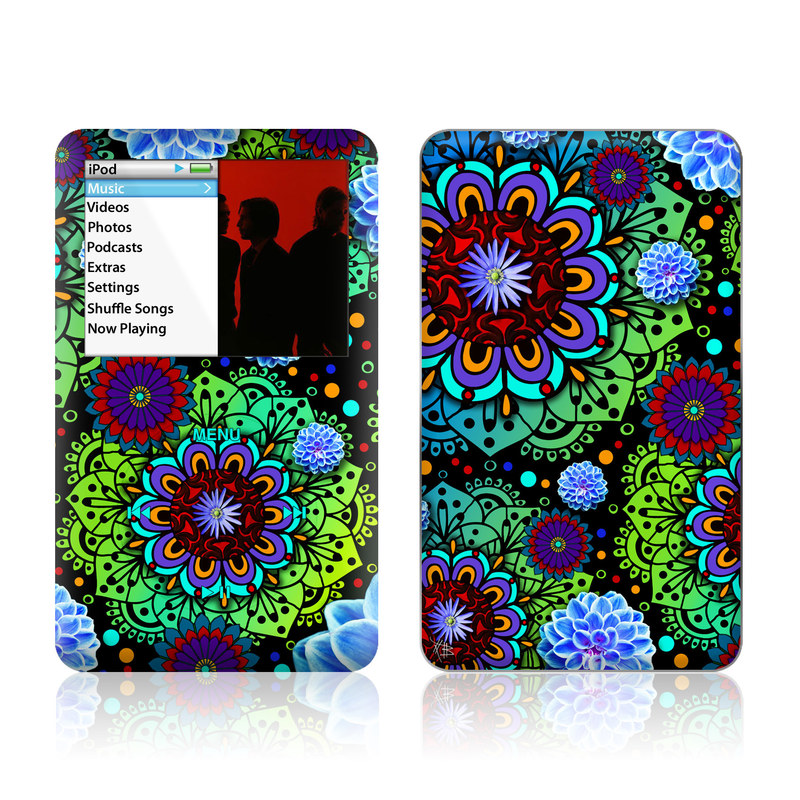 iPod classic Skin design of Pattern, Psychedelic art, Design, Flower, Art, Visual arts, Floral design, Plant, Textile, Symmetry, with black, blue, green, purple colors