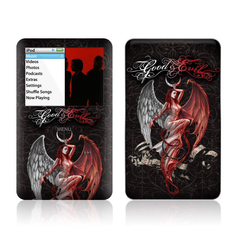 iPod classic Skin design of Illustration, Fictional character, Graphic design, Supernatural creature, Demon, Cg artwork, Art, Mythology, Angel, Wing, with black, white, red colors