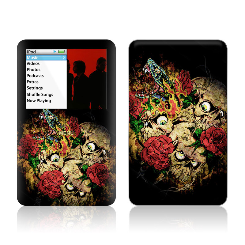 iPod classic Skin design of Illustration, Bouquet, Art, Skull, Plant, Rose, Flower, Graphic design, Fictional character, Floral design, with black, red, green, gray colors