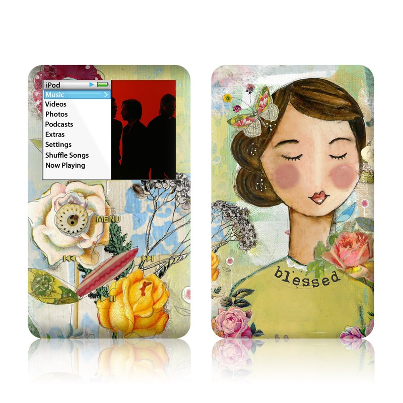iPod classic Skin design of Illustration, Cheek, Art, Watercolor paint, Retro style, Painting, Plant, Flower, Fashion illustration, Fictional character, with pink, green, yellow, white, red, blue colors