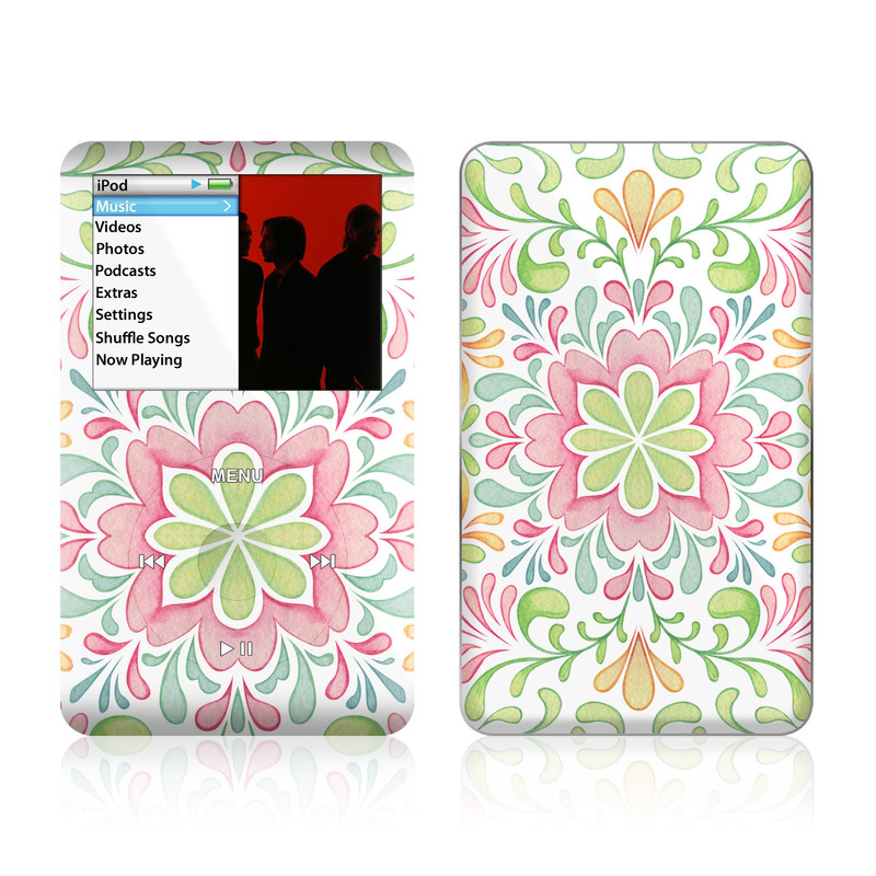iPod classic Skin design of Pattern, Pink, Visual arts, Design, Textile, Wrapping paper, Symmetry, Floral design, Motif, with gray, white, pink, green colors