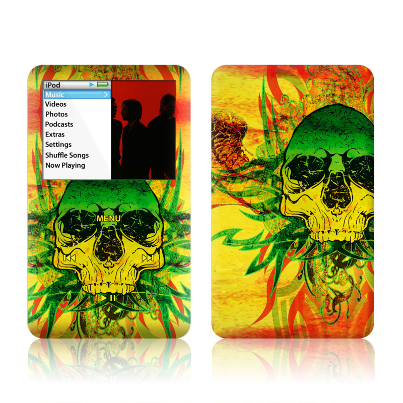 iPod classic Skin design of Psychedelic art, Skull, Illustration, Bone, Art, Graphic design, Visual arts, Poster, Plant, Painting, with green, orange, black, red colors
