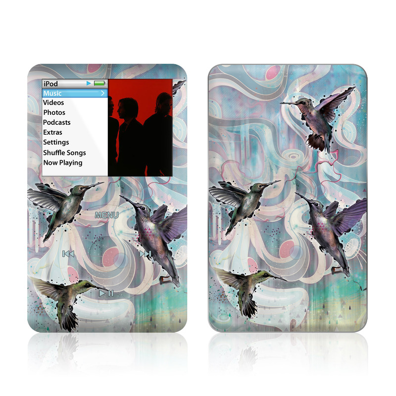 iPod classic Skin design of Bird, Watercolor paint, Illustration, Hummingbird, Painting, Art, Wing, Fictional character, Acrylic paint, Perching bird, with gray, blue, black colors