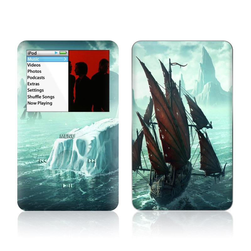 iPod classic Skin design of Cg artwork, Vehicle, Ghost ship, Manila galleon, Fluyt, Adventure game, First-rate, Sailing ship, Mythology, Strategy video game, with gray, black, blue, green, white colors