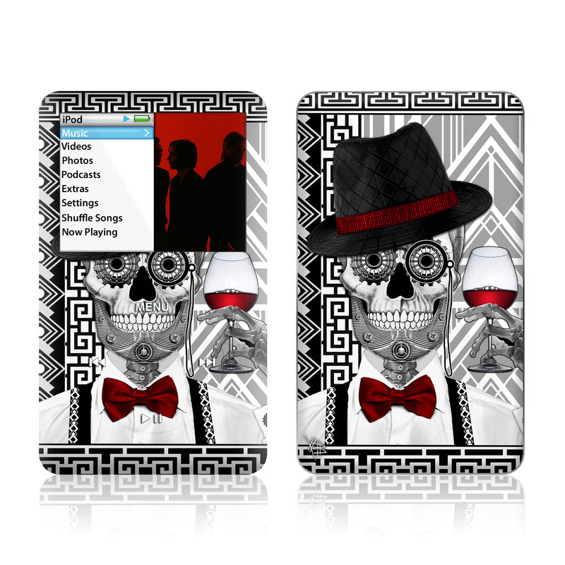 iPod classic Skin design of Cartoon, Poster, Font, Illustration, Headgear, Games, Photo caption, Fictional character, Graphic design, Hat, with black, white, red colors