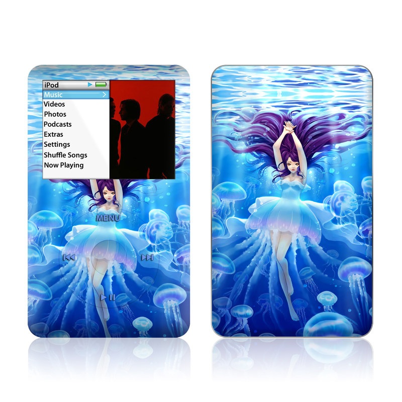 iPod classic Skin design of Jellyfish, Cnidaria, Organism, Marine biology, Marine invertebrates, Water, Bioluminescence, Illustration, Electric blue, Fictional character, with blue, purple, gray colors