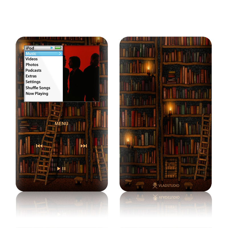 iPod classic Skin design of Shelving, Library, Bookcase, Shelf, Furniture, Book, Building, Publication, Room, Darkness, with black, red colors
