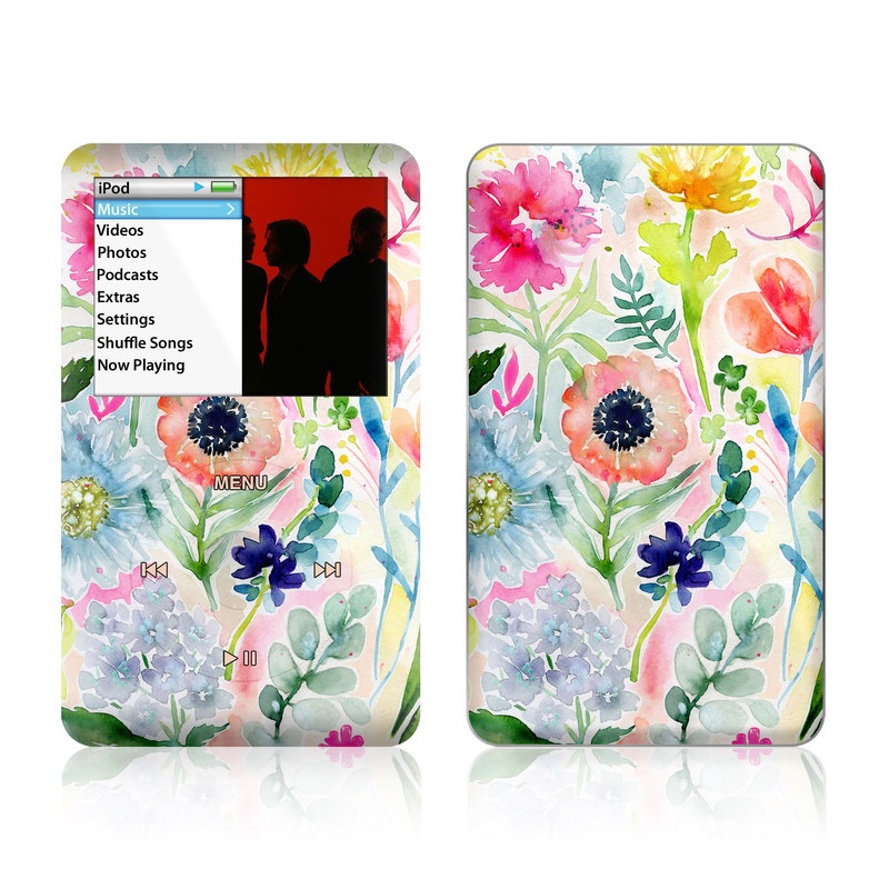 iPod classic Skin design of Flower, Watercolor paint, Plant, Flowering plant, Pattern, Floral design, Botany, Petal, Wildflower, Design, with green, pink, yellow, orange, blue, red, purple colors