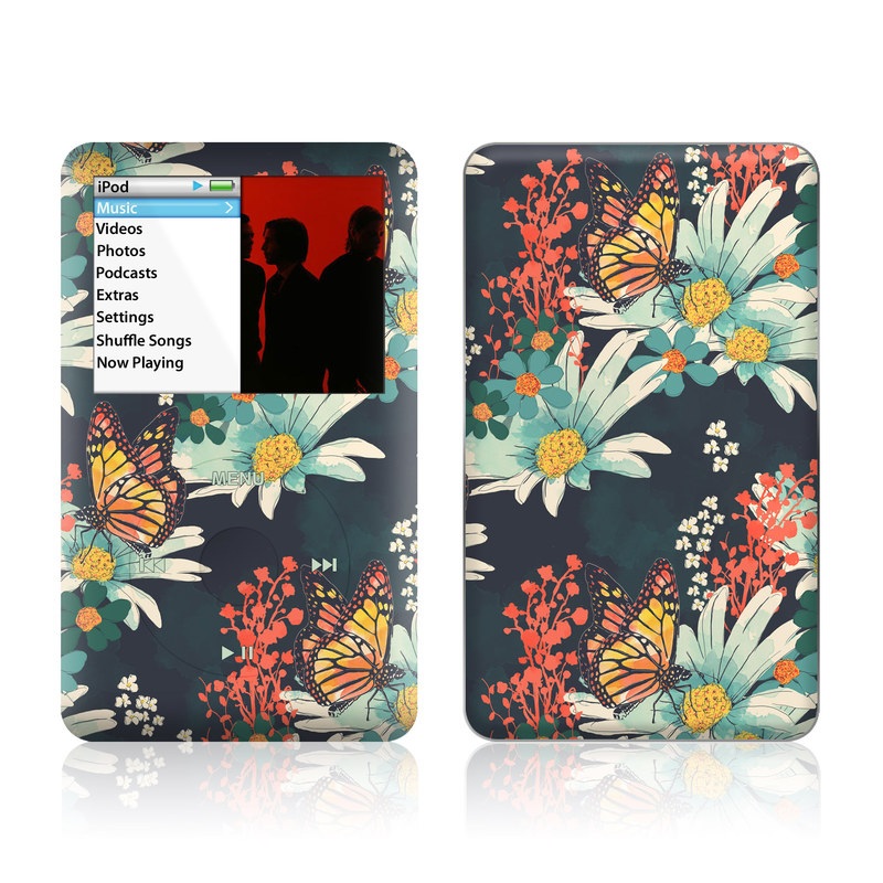 iPod classic Skin design of Floral design, Pattern, Flower, Floristry, Textile, Botany, Plant, Visual arts, Design, Flower Arranging, with black, gray, green, red, blue, pink colors